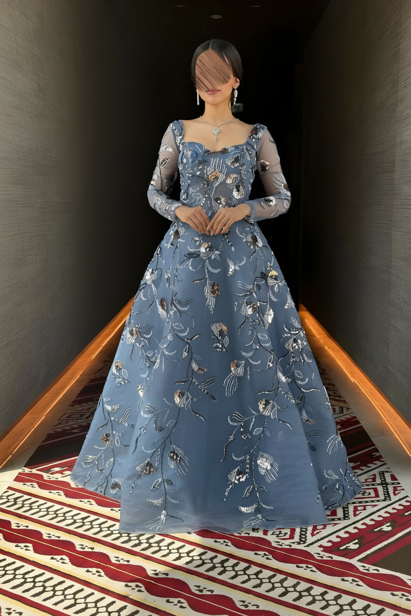 فستان سهره سماوي كلوش كم طويل