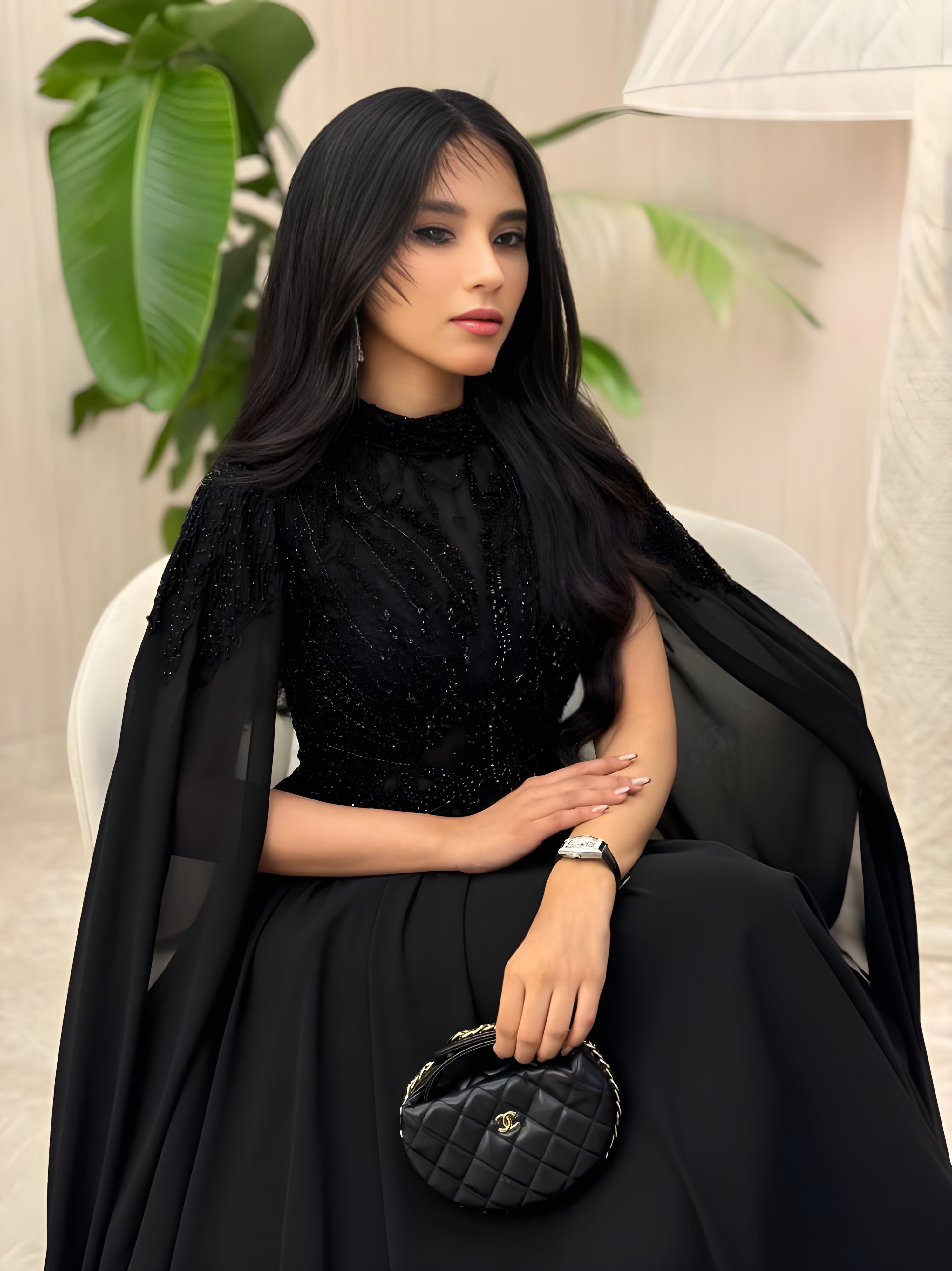 فستان شيفون اسود تطريز