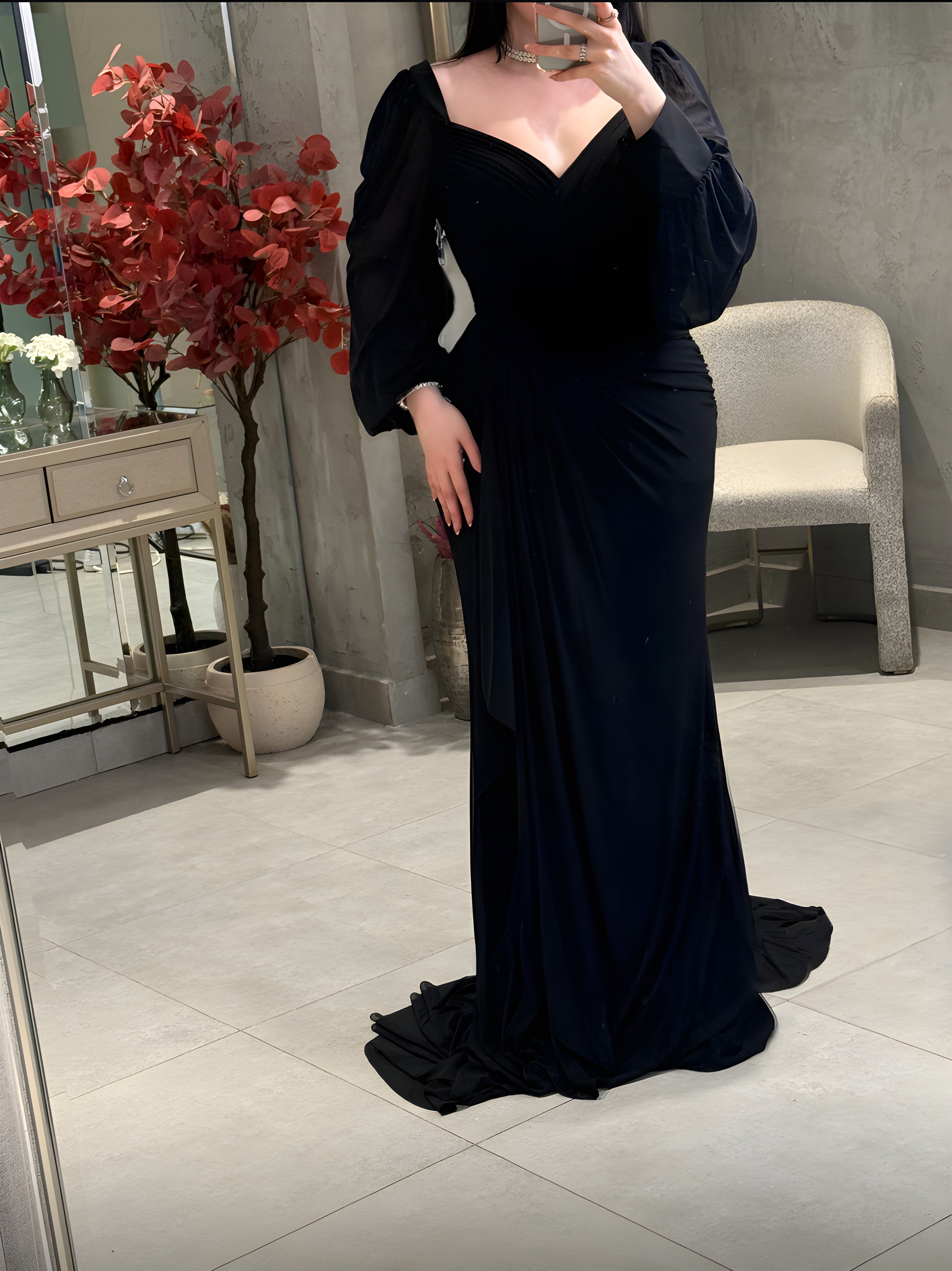 فستان أسود مخملي شيفون طبقات بكرستال