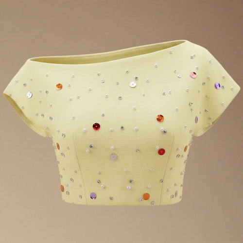 طقم ليموني مطرز بالكريستال – بلوزة قصيرة وتنورة ناعمة