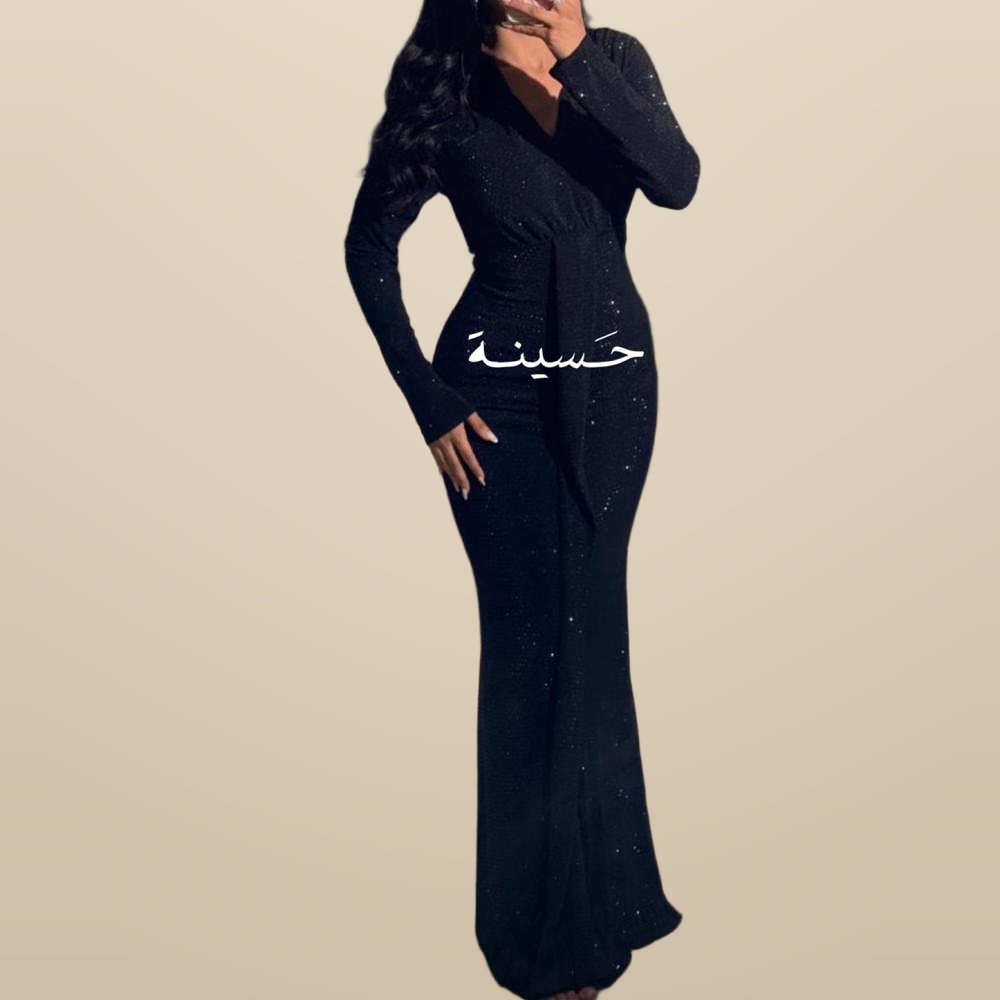 فستان أسود طويل بلمعة ناعمة