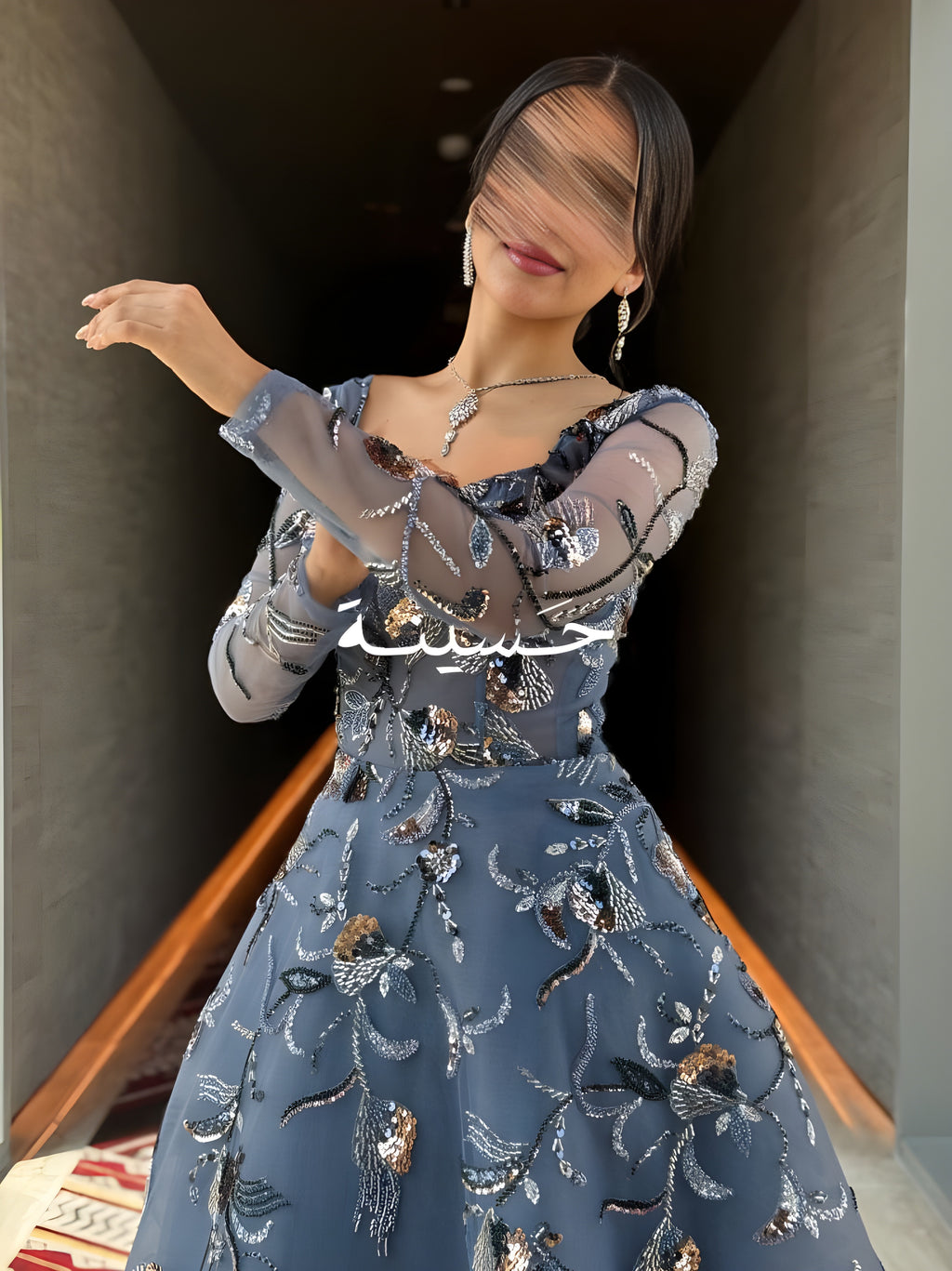 فستان سهره سماوي كلوش كم طويل