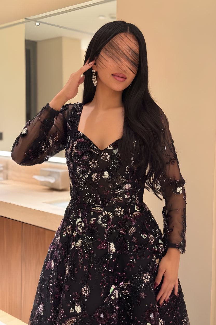 فستان سهره اسود كلوش بنقش وكم طويل