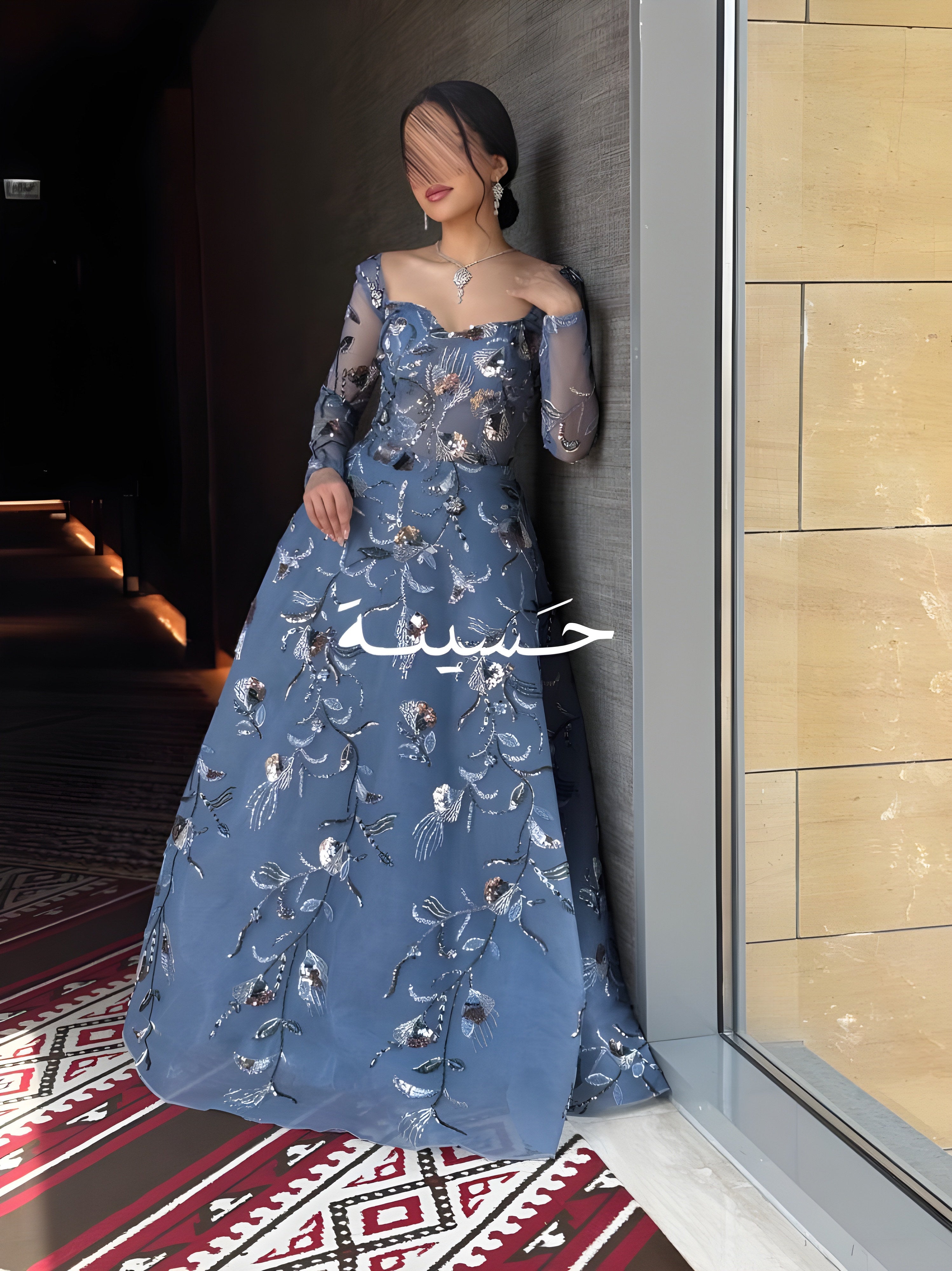 فستان سهره سماوي كلوش كم طويل