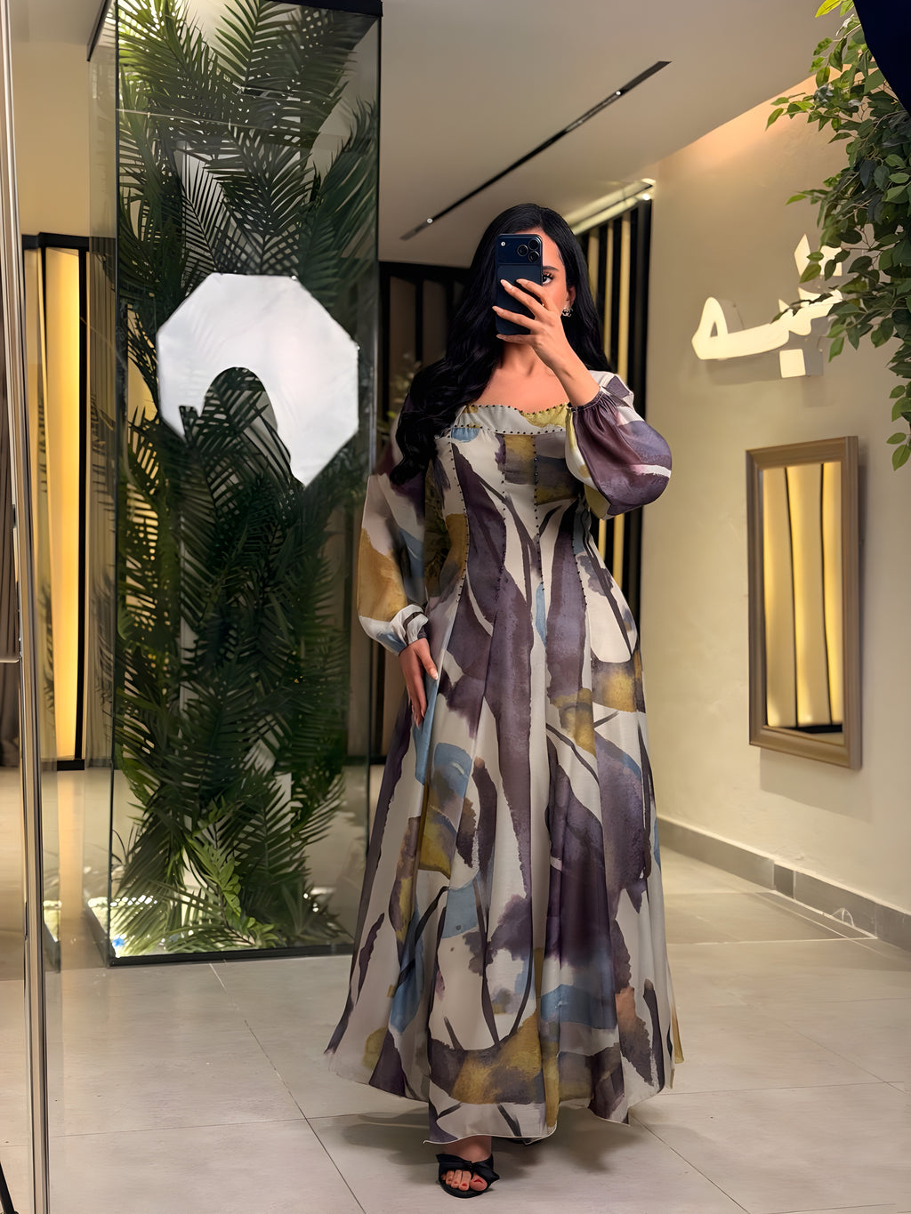 فستان شيفون مشجر باكمام طويلة