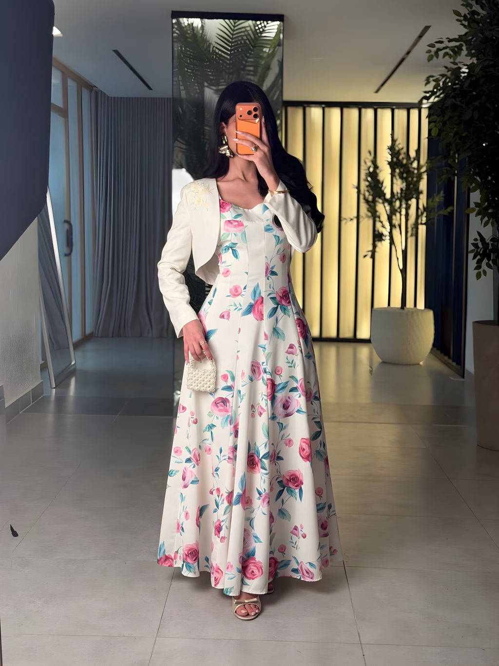 فستان كريب مورد طويل مع جاكيت منفصل