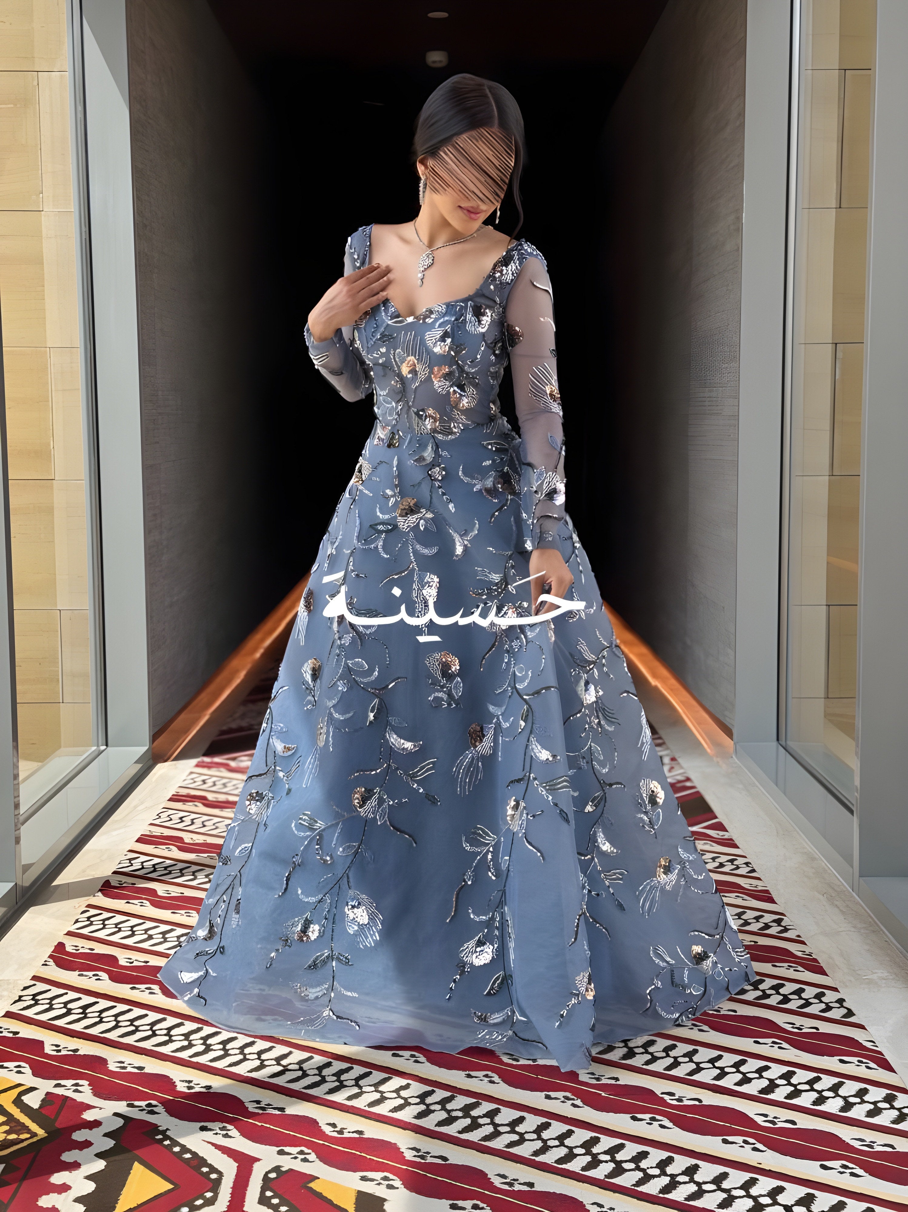 فستان سهره سماوي كلوش كم طويل