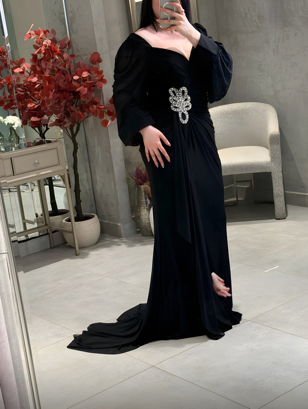 فستان أسود مخملي شيفون طبقات بكرستال