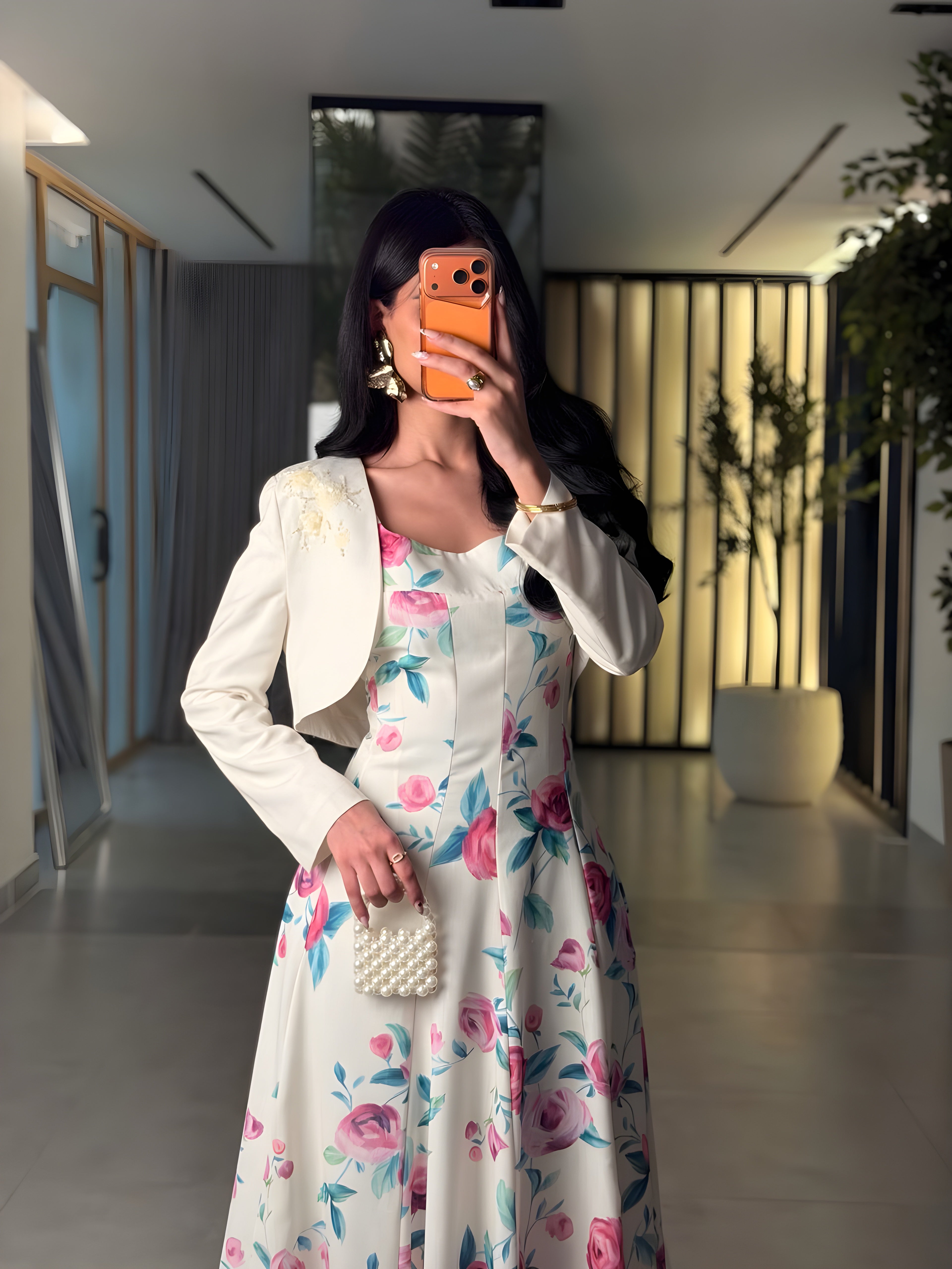 فستان كريب مورد طويل مع جاكيت منفصل