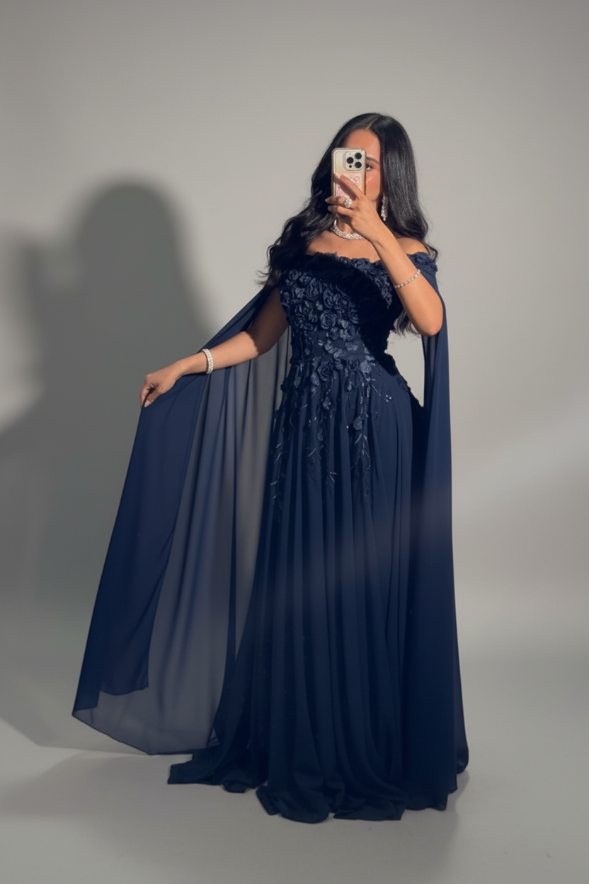 فستان سهرة ملكي بتصميم أوف شولدر أنيق
